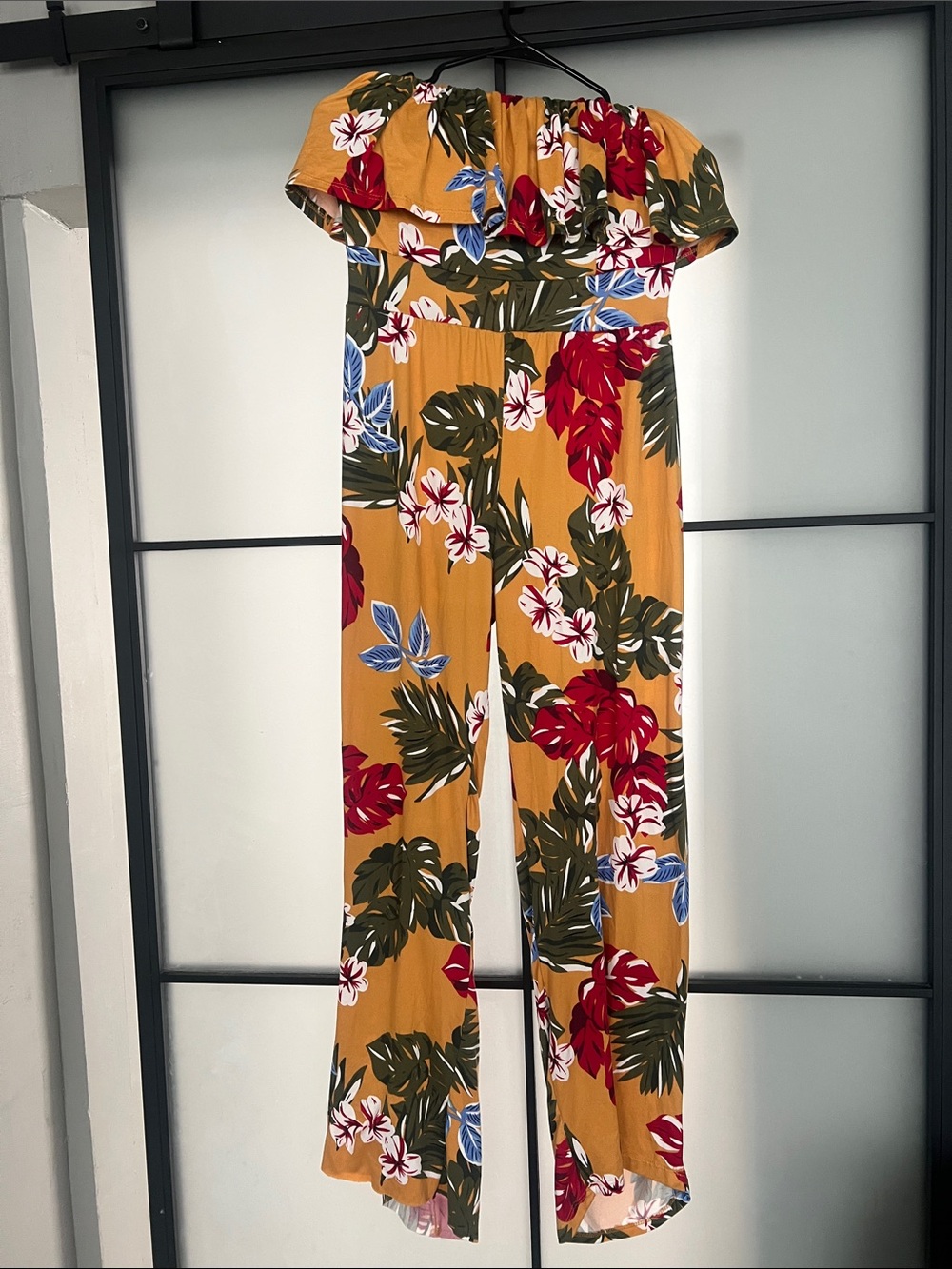 Off-Shoulder Mustard Floral Jumpsuit